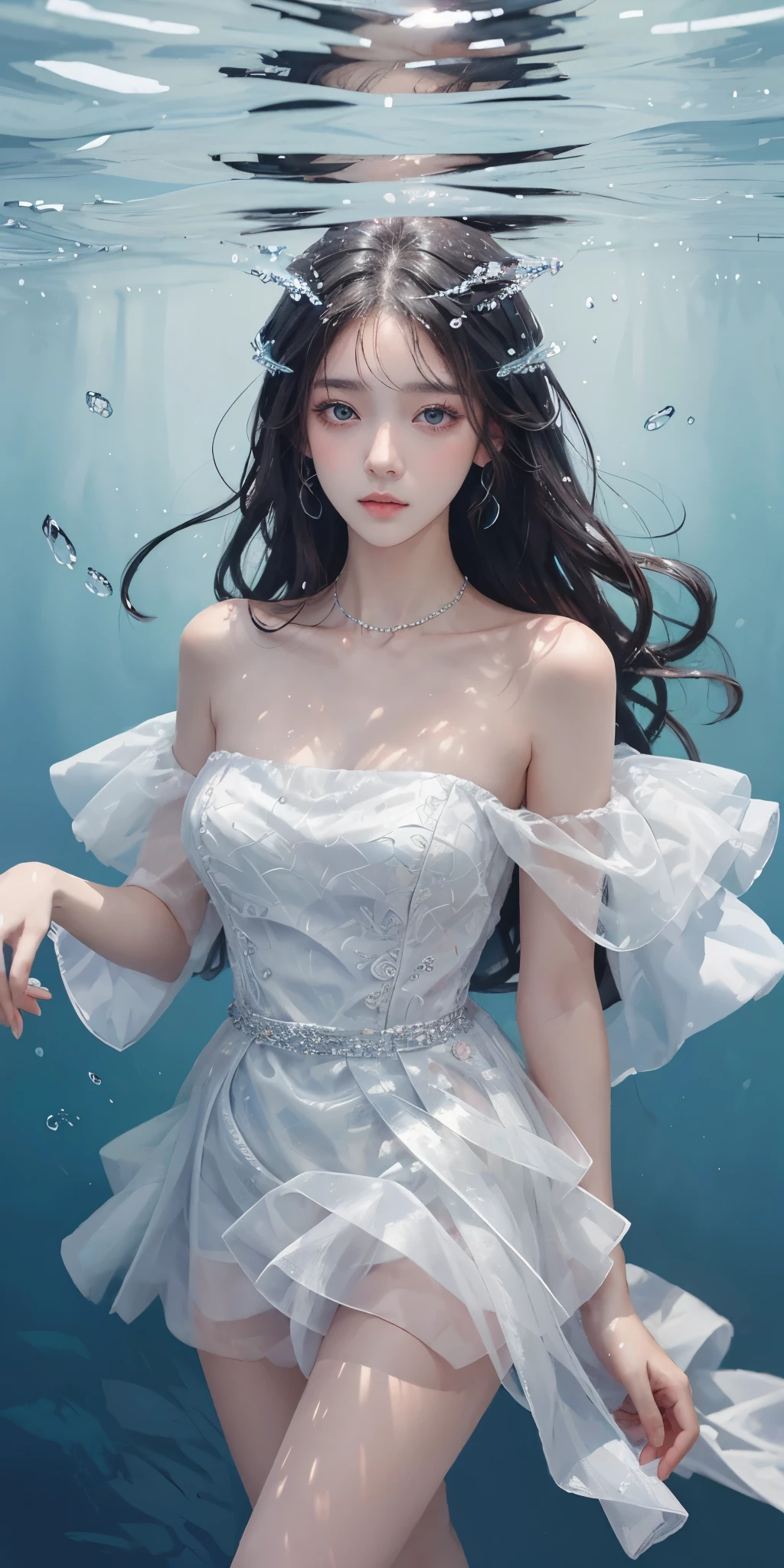 Sweet girl clothes4,strapless dress,jewelry, best quality，masterpiece，ultra high resolution，Clear face,（Realism：1.4），RAW photos，cold light，woman wearing transparent dress underwater，Full body image，wallpaper anime blue water，Gurwitz-style artwork，Close-up fantasy of water magic，author：Yang Jie，Gurwitz，A beautiful artistic illustration，Water Nymphs，Beautiful digital artwork，Beautiful digital illustration，Li Song，A beautiful anime portrait，Bovo&#39;s art style