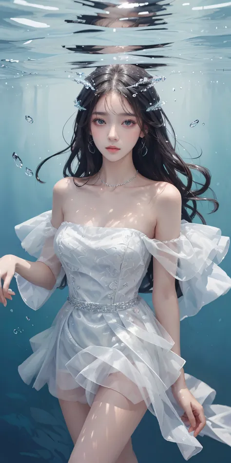 Sweet girl clothes4,strapless dress,jewelry, best quality，masterpiece，ultra high resolution，Clear face,（Realism：1.4），RAW photos，cold light，woman wearing transparent dress underwater，Full body image，wallpaper anime blue water，Gurwitz-style artwork，Close-up ...