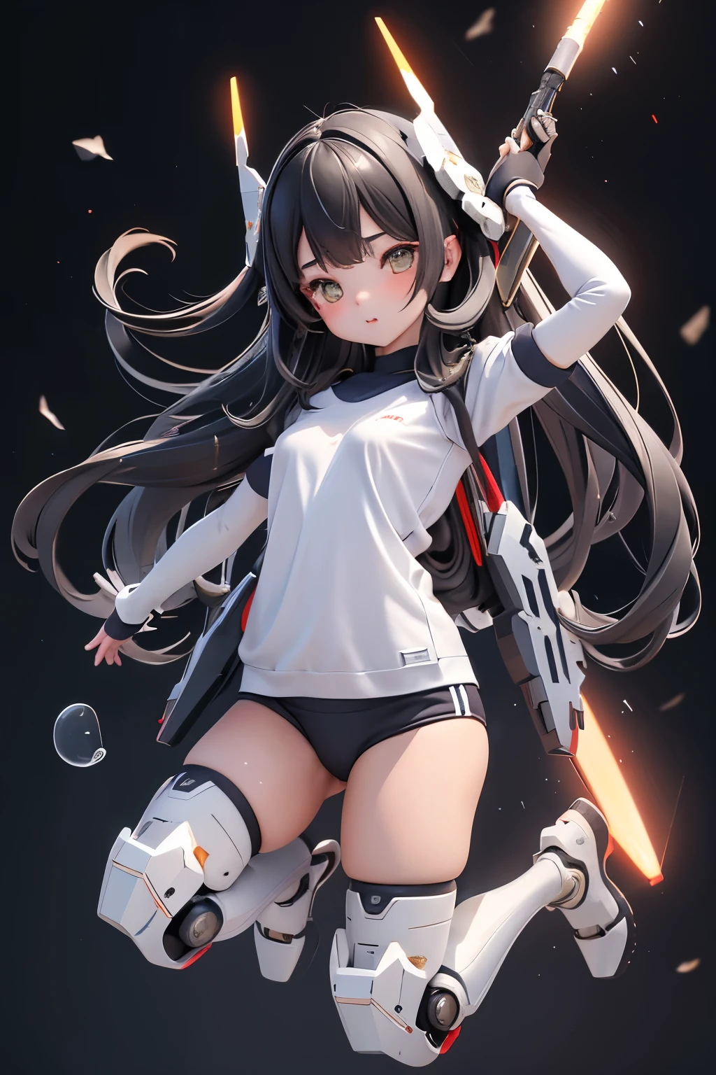 (highest quality)), ((masterpiece)), (very detailed: 1.3), 3D, {(1 girl)}, (wear navy buruma and white gym uniform with colored hem under armor:1.2), (black hair:1.5), (She is fused with futuristic Gundam mecha:1.2), with headgear, with v-fin , armored shoulders,armored under arms, armored under legs, short sleeve, attached 2 huge weapons on back, legs mounted weapon module, multilayer textureperfect proportions, octane rendering, duotone lighting, Low ISO, wide aperture, White balance, Rule of thirds, ultra HD16k, HDR (High Dynamic Range), Ray Tracing, NVIDIA RTX, Super Resolution, Subsurface Scattering, PBR Texturing, Post Processing, Anisotropic Filtering, Depth of Field, Maximum Clarity and Clarity, High efficiency subpixel, subpixel convolution, particles of light, light scattered, Tyndall effect, full body:1.5, battle pose, cute, (cute:1.2), (long hair:1.3),太い眉毛, 薄い色の虹彩, 大きくて輝いている黒い瞳, 長いまつげ, 小さく薄い色の自然な唇, (Average face of Japanese idols), (日本人特有の童顔:1.3), (baby face), 広いおでこ:1.2, ふっくらした頬, 小さな顎, in the hangar,looking at viewer,Focus on the eyes , (完璧な4本の指, 親指1本),