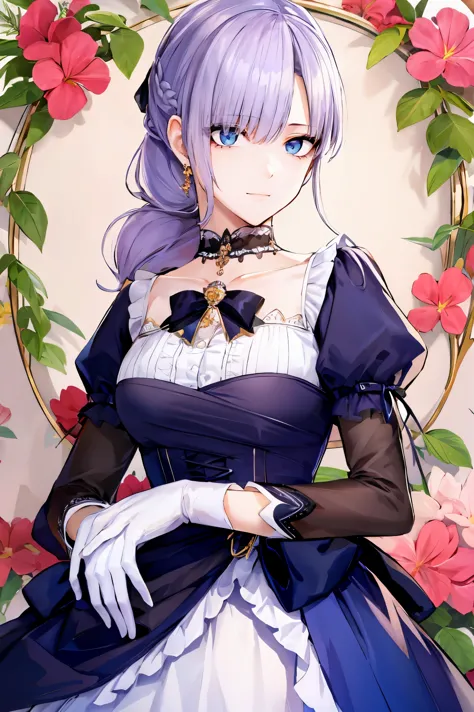 shoujo-style, jk style, (floral background), romance manhwa, (fiona), 1girl, solo, braid, flower, dress, tiara, white dress, gloves, long sleeves, choker, mascara, makeup, white gloves, black bow, black flower, bow, jewelry, looking at viewer, collarbone, ...
