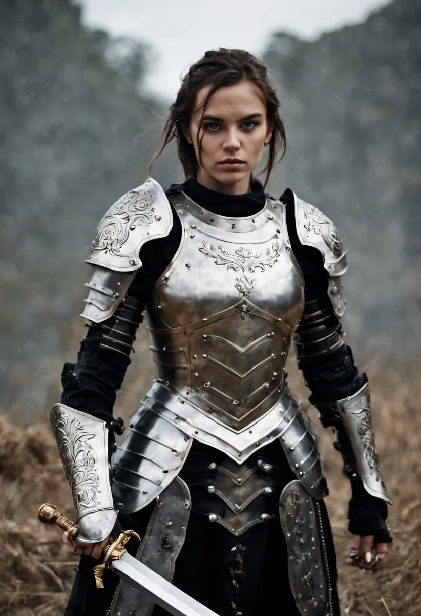 beautiful girl in heavy armor, fine face, holds a great sword, in battle,