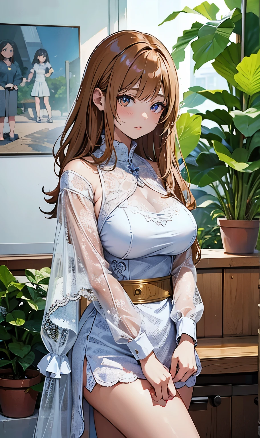 Anime girl in a short dress posing in a room with plants - SeaArt AI