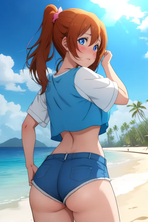 masterpiece, best quality,8k wallpaper, kousaka honoka, blue eyes,(large breasts:1.0),crop top , shorts, (exposed ass cheeks:1.2),glowing eyes, cowboy shot, standing, from behind, embarrassed, blushing, beach,solo, from behind