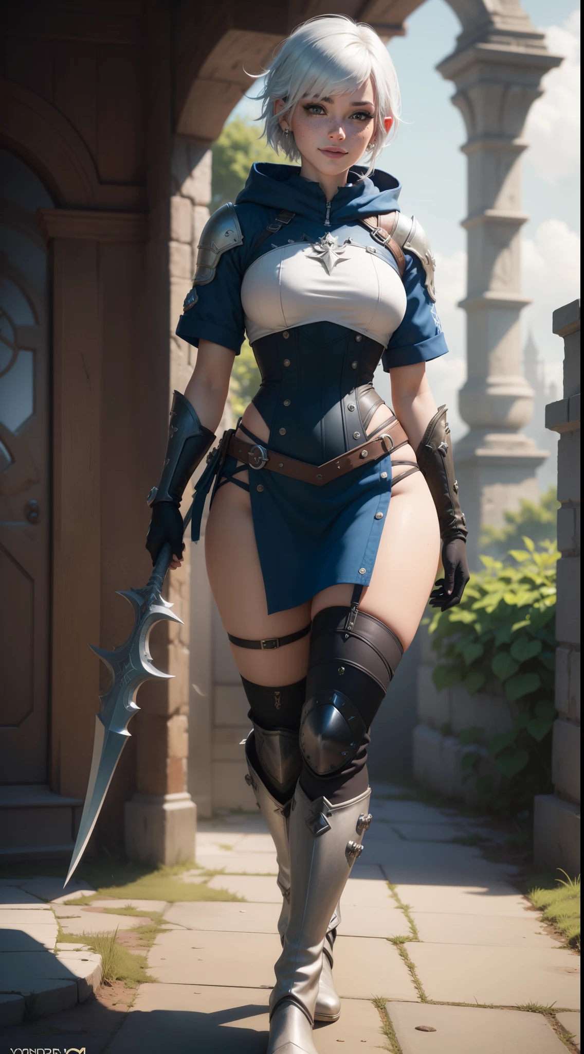 gwen tennyson,yorha 2b,tracer,y'shtola rhul,overwatch,warcraft,close up,gondor,minas tirith,tattoos,white and royal blue plugsuit,silver short sleeve gondorian top,silver gondorian knight hoodie,steel gondor armor,long gondor knight skirt,steel gondorian corset,short hair,punk makeup,green eyes,multicolored silver hair,steel gloves,sexy smile,freckles,beautiful girl,knee high steel boots,large breasts,8k,ultra detailed,realistic,fantasy art,gondor uniform,hair pin,ear piercings,(weather:windy),1girl,knight spear,