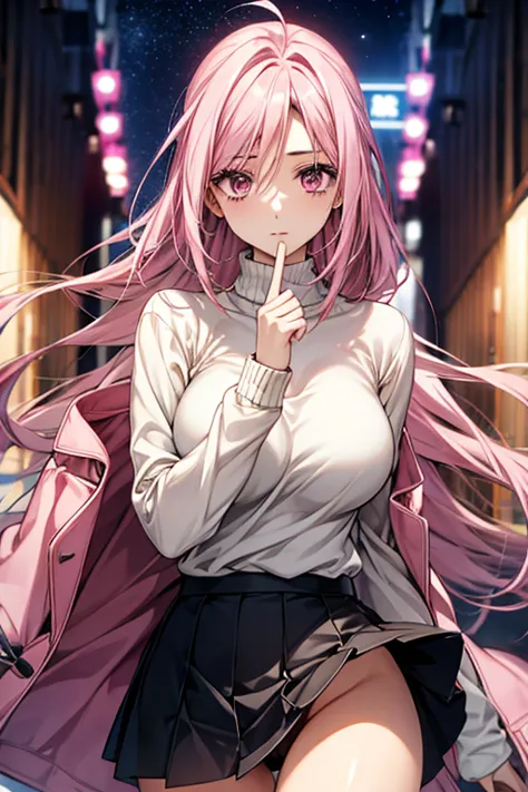 pink hair、pink eyes、big breasts、No underwear、mini skirt、V-neck knit sweater、date、P coat