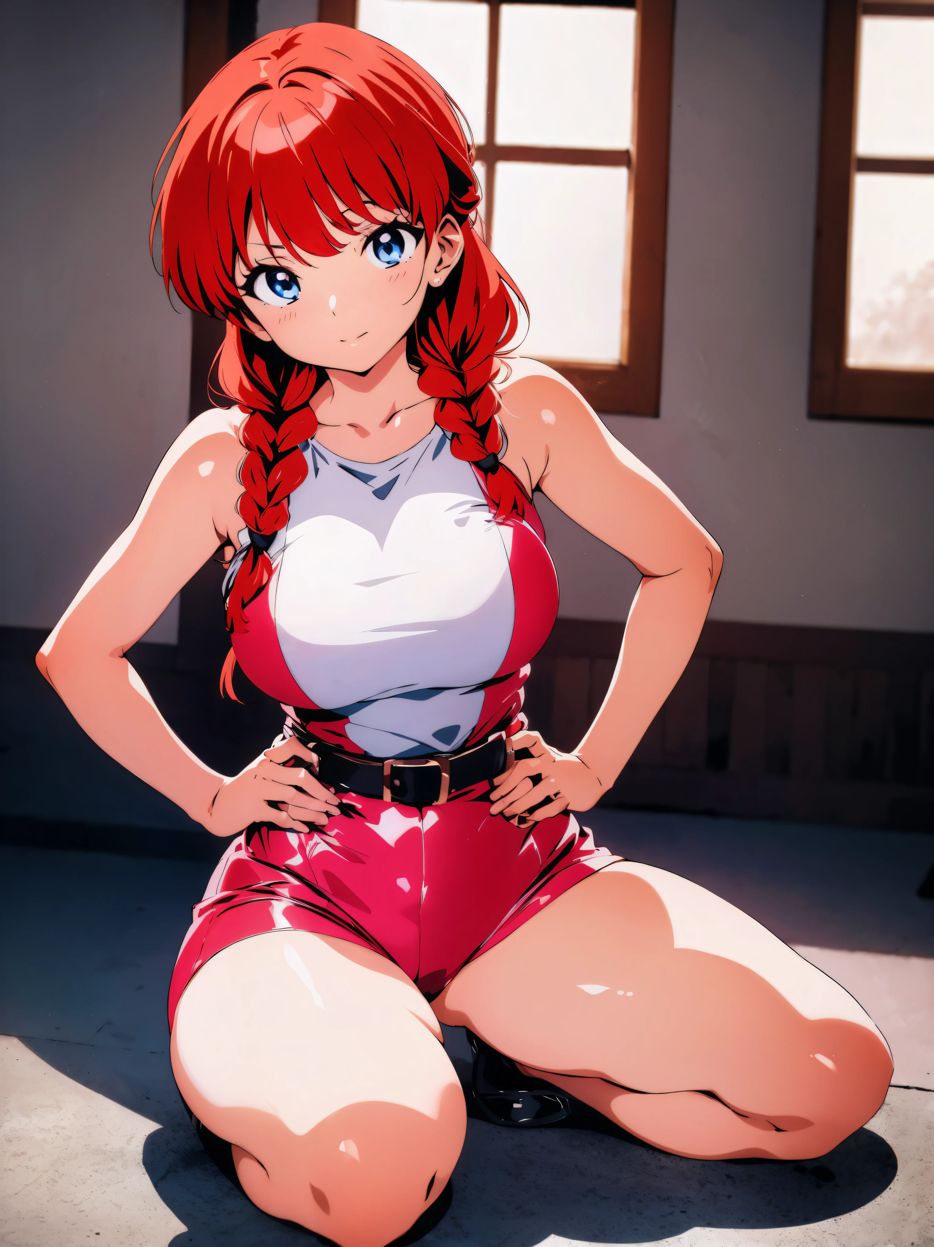 Redhead anime girl wearing pink latex top and black leather pants, , corpo bonito, seios grandes, kneeling on the floor with hands on waist, hands on hip, agachada, red hair with braid, beautiful lighting, susve sombras, olhos azuis, pernas bonitas, hair with braid, estilo anime, Ranma Chan, Autora Rumiko Takahashi, Baseado em obra de Rumiko Takahashi, Anime Ranma 1/2, seios grandes, decote sexy, quadril robusto, corpo inteiro, corpo inteiro, Seios lindos, garota jovem com corpo belo e bonito, sombreamento suave