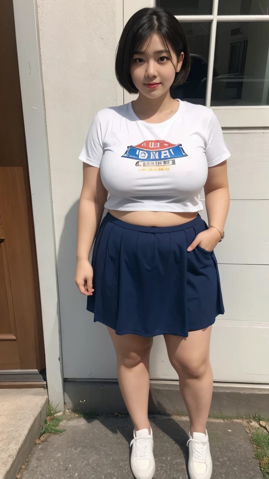 A woman in a white shirt and blue skirt standing in front of a garage door  - SeaArt AI