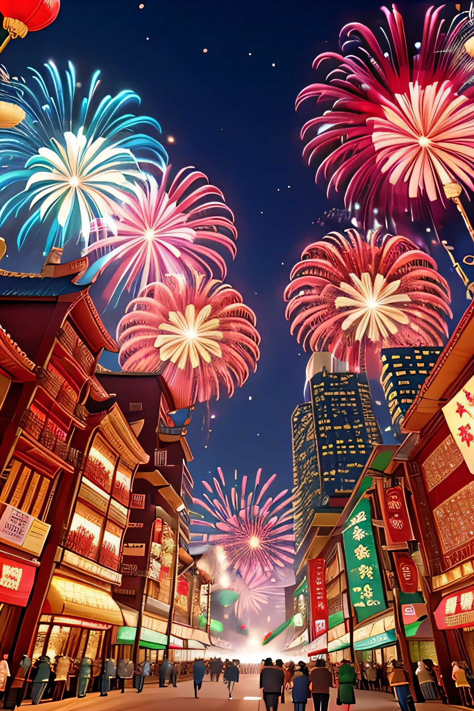 CNY、festive、fireworks、很多的fireworks，festive的气氛，city street