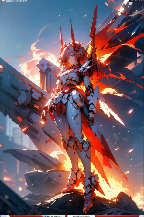 girl，Gundam，City，full-body shot，raging fire，warrior，red hair，epic，，poster