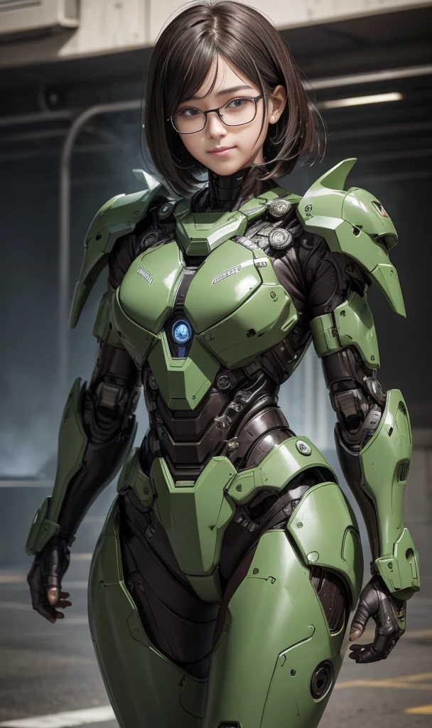 rough skin, Super detailed, advanced details, high quality, 最high quality, High resolution, 1080P, hard disk, beautiful,(War Machine),Beautiful cyborg woman,Dark Green Mecha Cyborg Girl,In combat,Mecha body girl,、elementary school girl　　very short hair、sweaty brown eyes、sweaty face、An embarrassed smile on the face　　cute　black hair　((Steam comes out of my head)) Glasses　Gloss Armor　sew up hair　long hair