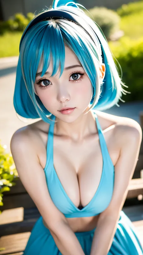 one girl、hatsune miku cosplay、anatomy、body above the knees、１４talent、beautiful white skin、cute face、small nose、plump lips、orange eyes、meticulously drawn face、highly detailed skin、natural skin texture、Your fingers are clean and delicate.、small breasts、small ...