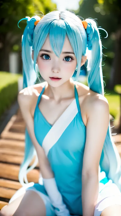 one girl、hatsune miku cosplay、anatomy、body above the knees、１４talent、beautiful white skin、cute face、small nose、plump lips、small orange eyes、meticulously drawn face、highly detailed skin、natural skin texture、Your fingers are clean and delicate.、small breasts、...