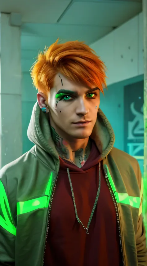 orange haired, handsome man, dark red hoodie, throat tattoos, cyberpunk, glow green eyes, clean shaven, eyebrow piercing, black near piercings