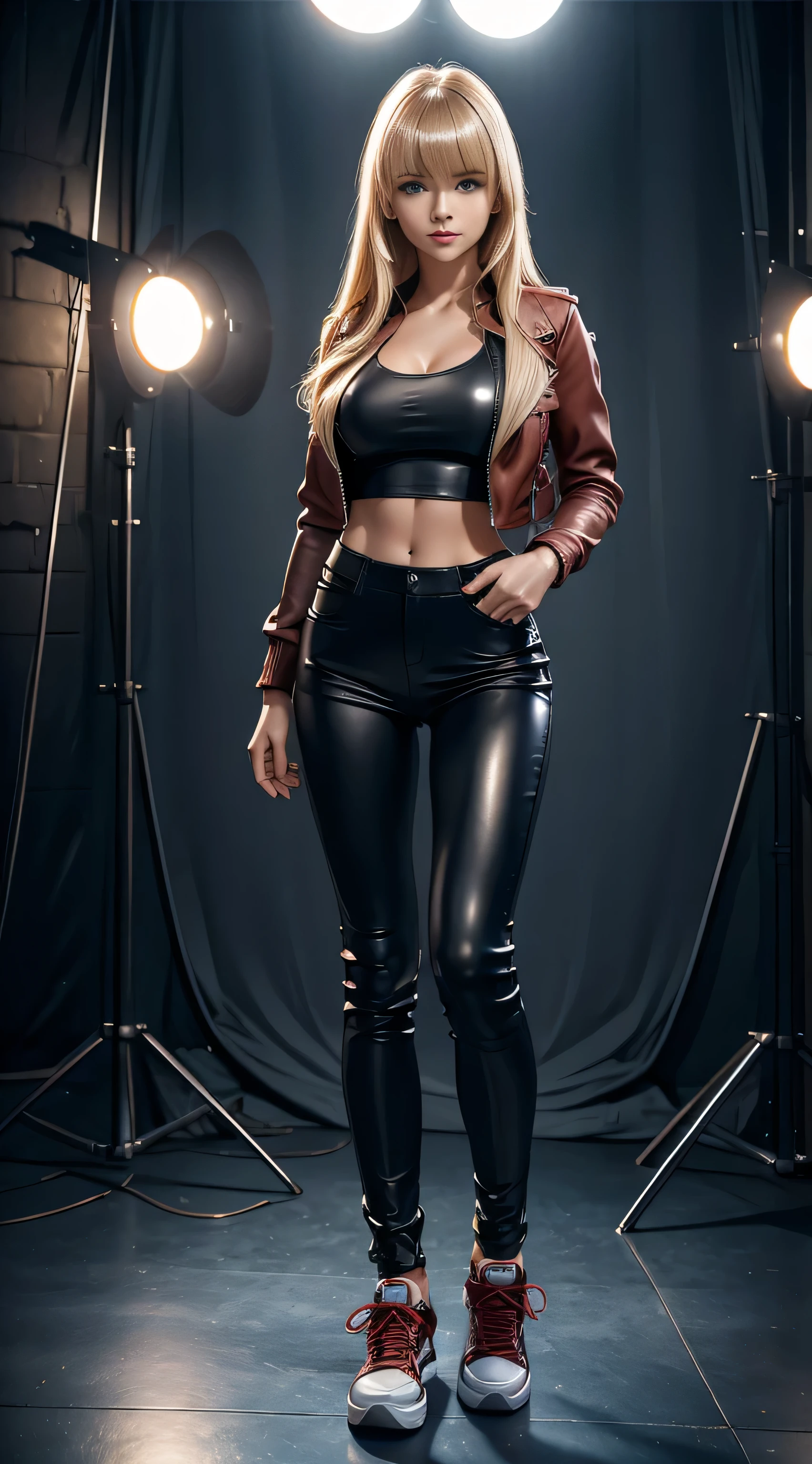 full body Realism, 16-year-old girl, long blond hair, bangs falling on the face, blue eyes, slightly open mouth, red lips, beautiful hairstyle, light makeup, round breasts, in a leather jacket, tight leather pants, sneakers on her feet, sexy pose in a photo studio, spot light the arzon, the highlight is the detailed appearance of the hair, detailed hairstyle, detailed environment, detailed background, the photo was taken with a photorealistic SLR camera, full hd resolution, 8K