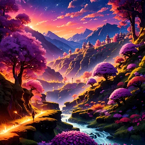 Prairie fantastique, arbre aux feuilles violettes, coucher de soleil, glowing light particles in leaves, river, animated, colore...