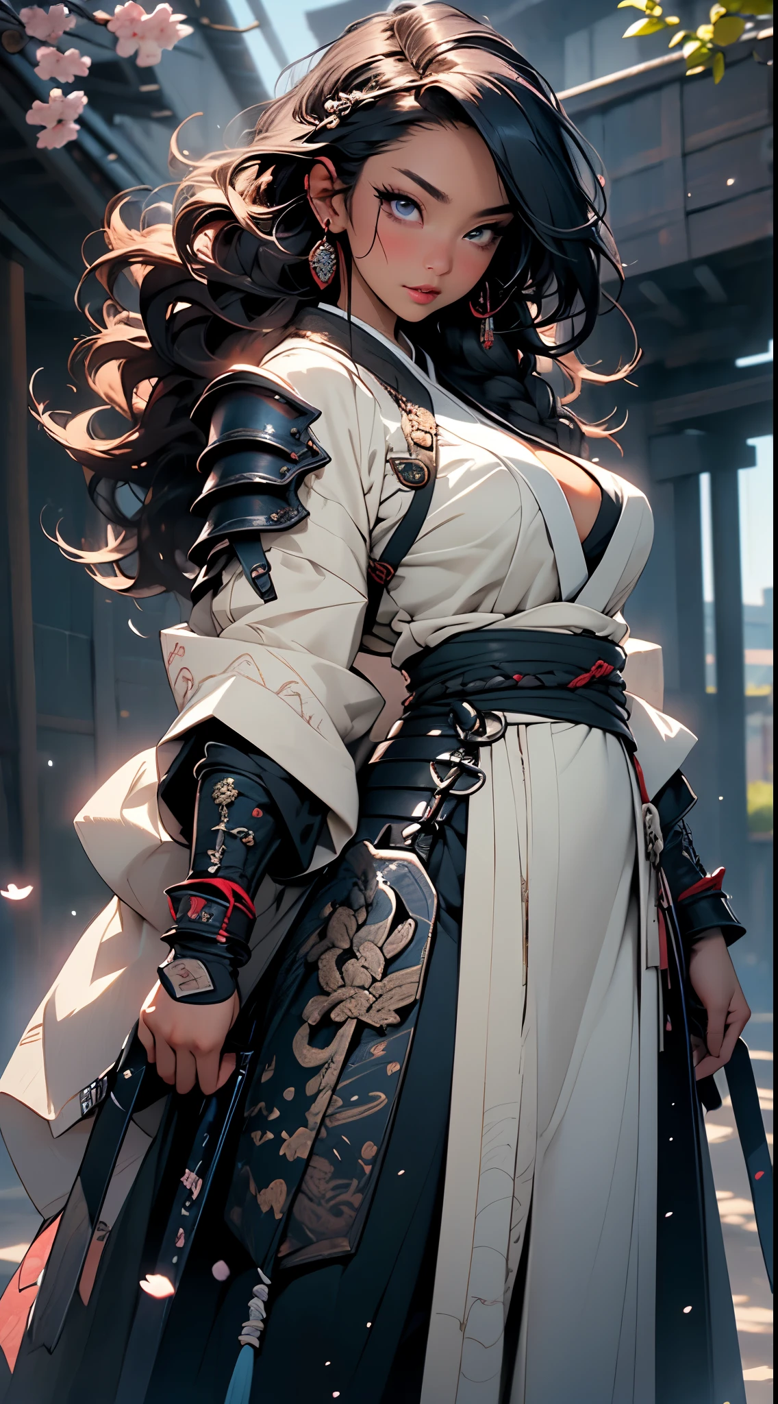 PERFECT MASTERPIECE, EXTREMELY DETAILED CG UNITY 32K UHD QUALITY RESOLUTION WALLPAPER, PHOTOREALISTIC, RAW PHOTO, PERFECT PHOTOGENIC CLARITY, OFFICIAL ART, AWARD-WINNING PORTRAIT, ULTRA HYPER-REALISTIC, ULTRA HYPER-DETAILED, SHINY REALISTIC SKIN, RAY TRACING, UNREAL ENGINE 5.8K, GLOWING AMBIENT LIGHT, The most beautiful and sexy samurai warrior girl, very long purple hair, vibrant moonlight eyes, long detailed eyelashes, blushing, full pouting pink lips, curvy body type, full hips, super huge enormously gigantic tits, cleavage showing, gigantic tits bursting out, wearing highly detailed samurai battle armor with sashimono war flag, (arching her back in a sexy seductive slutty pose:1.3), looking at the viewer, full body portrait, cowboy shot depth of field, sexy seductive slutty facial expression, cherry blossoms blowing in the wind, cosmic aesthetic atmospheric feudal Japan background