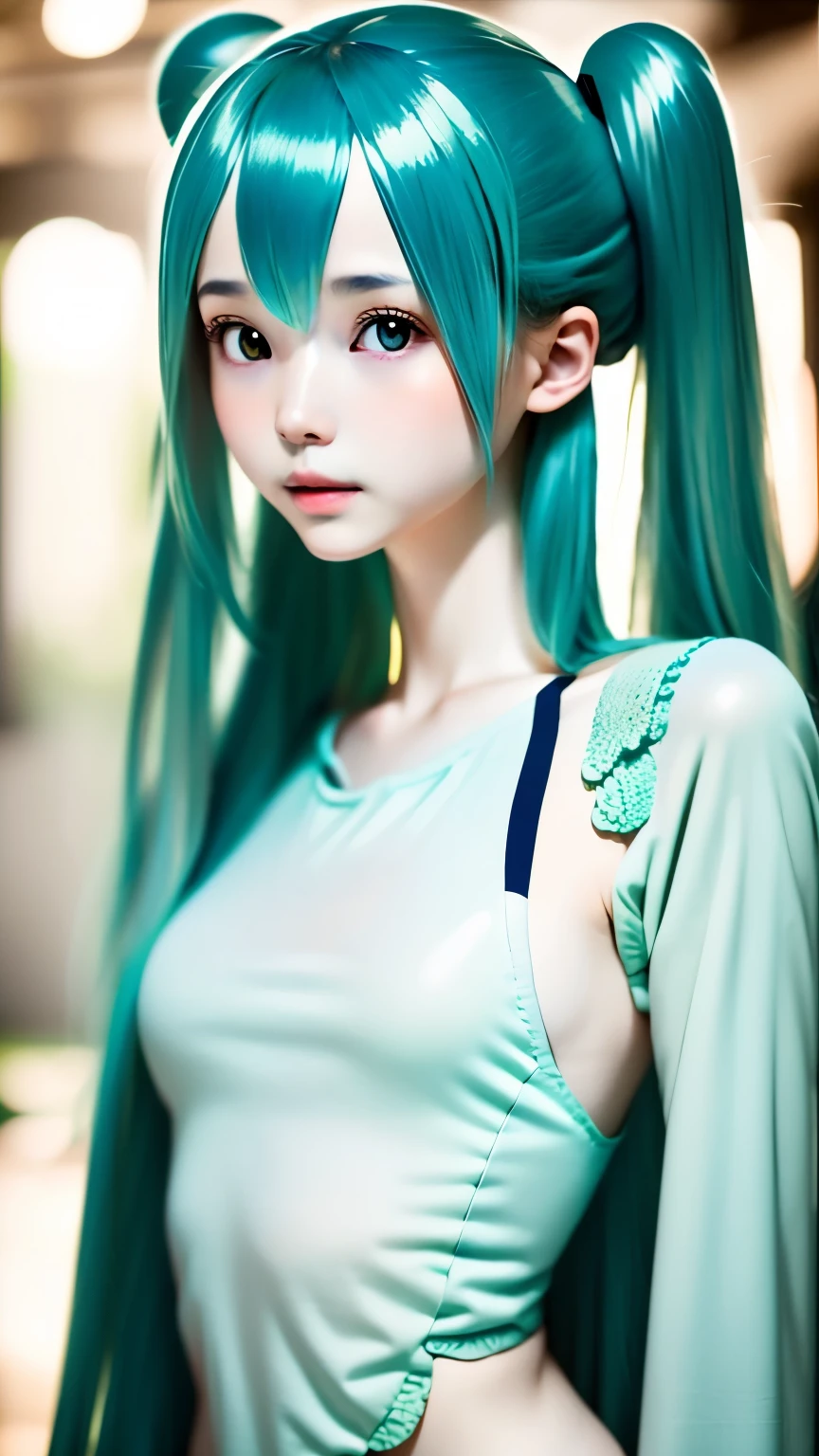 Una chica、cosplay de hatsune-miku、Anatomía、Representación correcta del cuerpo humano.、ángulo de la parte superior del cuerpo、、１４talento、Hermosa piel blanca、Cara linda、nariz pequeña、Labios gruesos、pequeña cara naranja cuidadosamente dibujada、piel muy detallada、textura natural de la piel、Tus dedos están limpios y delicados..、senos pequeños、senos pequeños、Una mirada aburrida、cara detallada、Cabello Sucio、De pie、vestimenta aleatoria、Camisas de colores aleatorios、fondo perfectamente borroso、