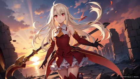 illyasviel von einzbern, blonde hair, hair between eyes, long hair, (red eyes:1.5),cool girl boots, detached sleeves, red gloves...