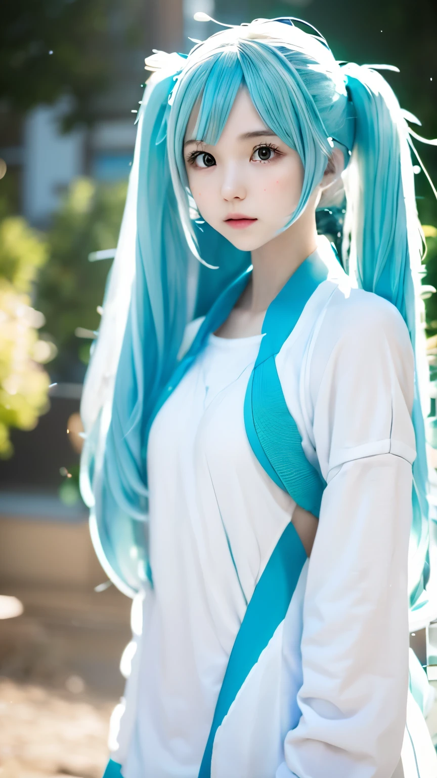 one girl、hatsune miku cosplay、anatomy、Correct depiction of the human body、Upper body angle、、１４talent、beautiful white skin、cute face、small nose、plump lips、small orange eyeeticulously drawn face、highly detailed skin、natural skin texture、Your fingers are clean and delicate.、small breasts、small breasts、An ennui look、detailed face、Dirty hair、Standing、Random attire、Random colored shirts、perfectly blurred background、