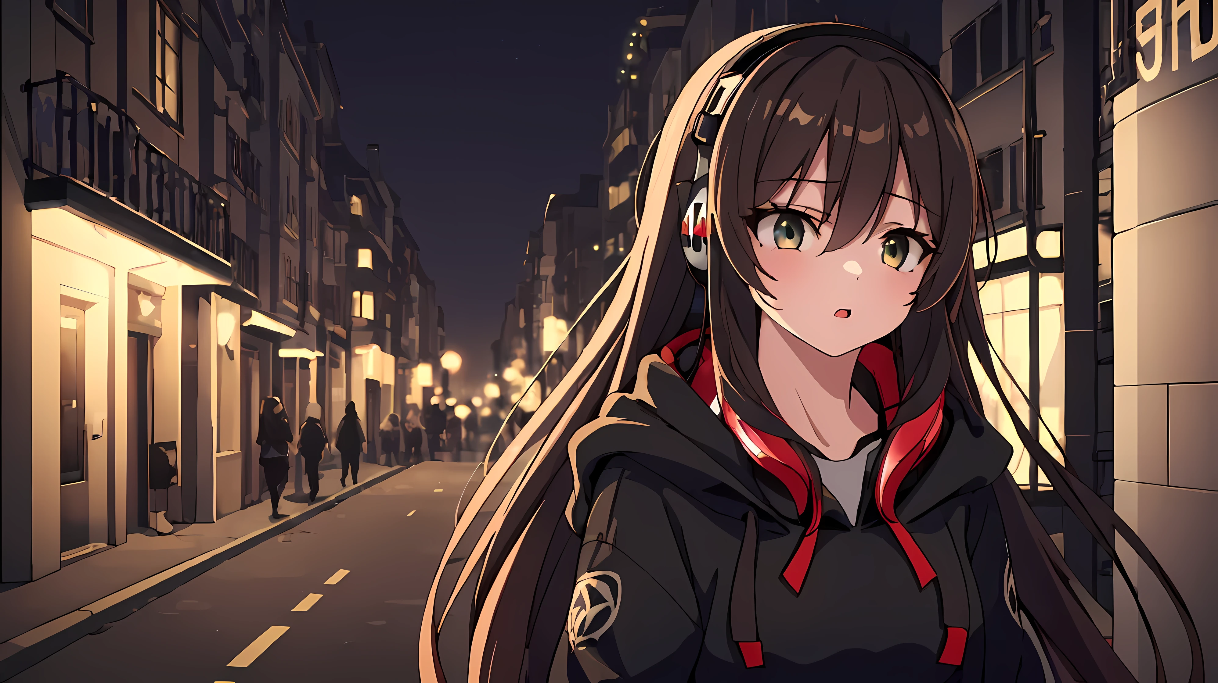 (A girl at the city at night wearing a hoodie and headphones walking at the streets),(best quality,4k,highres:1.2),ultra-detailed,(realistic:1.37),HDR,UHD,studio lighting,extreme detail description,professional,vivid colors,bokeh,portraits,street photography,dark tones,playful lights,urban atmosphere