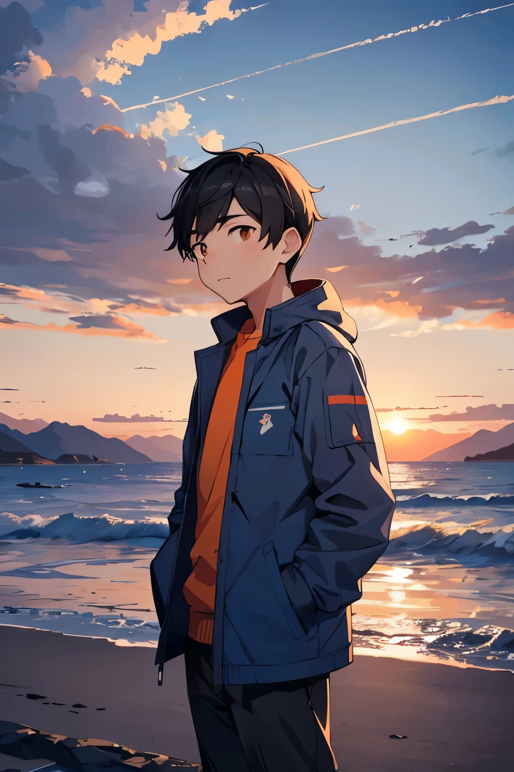 seaside，boy&#39;s upper body，Wearing a blue coat，hands in pockets，Looking at the sky sadly，black hair，Blue sky，There are shadows of mountains in the distance，Orange sunset，White seagull，There are tracks of airplanes flying in the sky