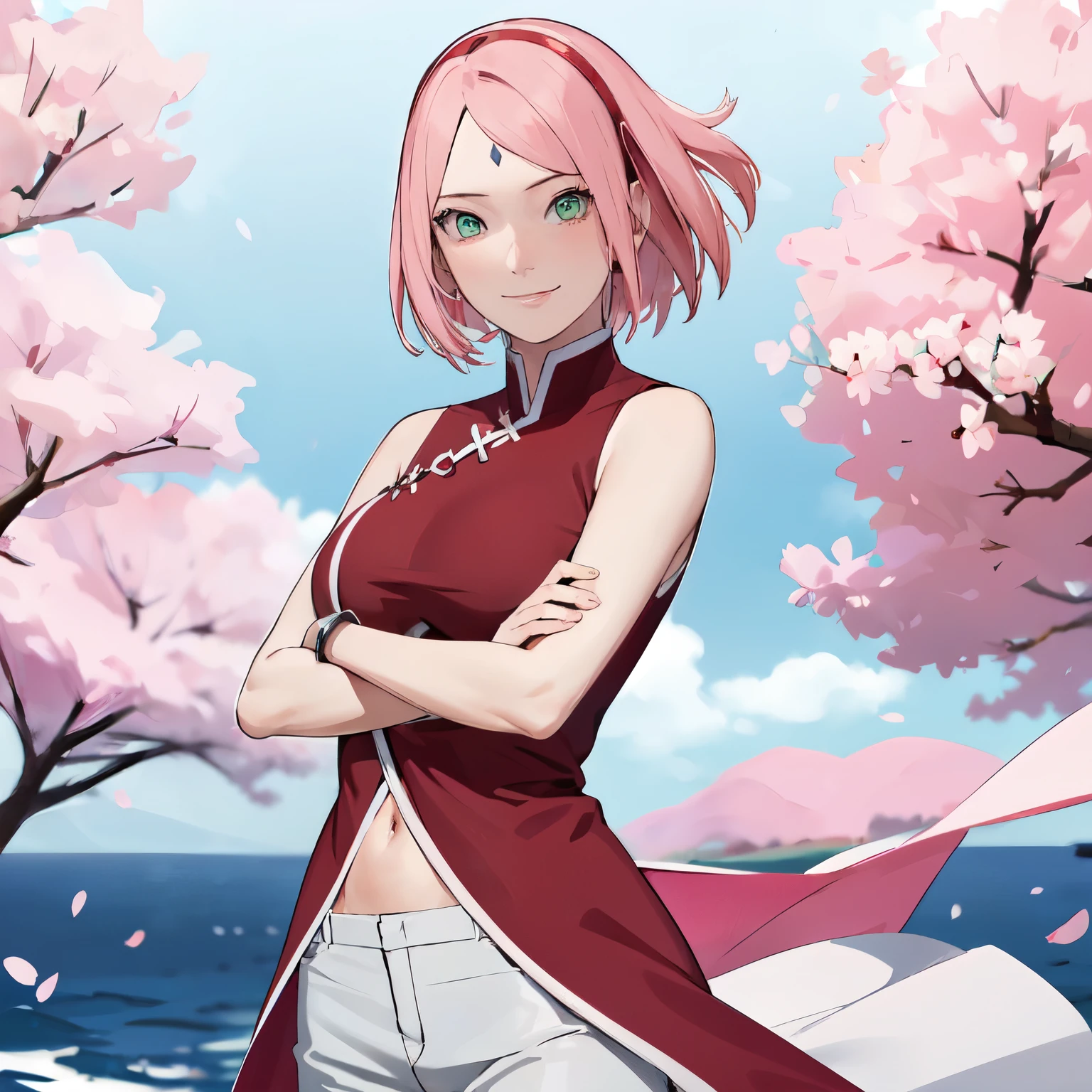 obra maestra, mejor calidad,nitidez,absurdos ,1 chica, sakura haruno,marca en la frente, banda de pelo rojo, vestido rojo sin mangas, pantalones blancos,ombligo, ingle, pulsera, mirando al espectador, brazos cruzados, sonrisa, Flores de cerezo, viento, pelo flotante, pechos medianos grandes