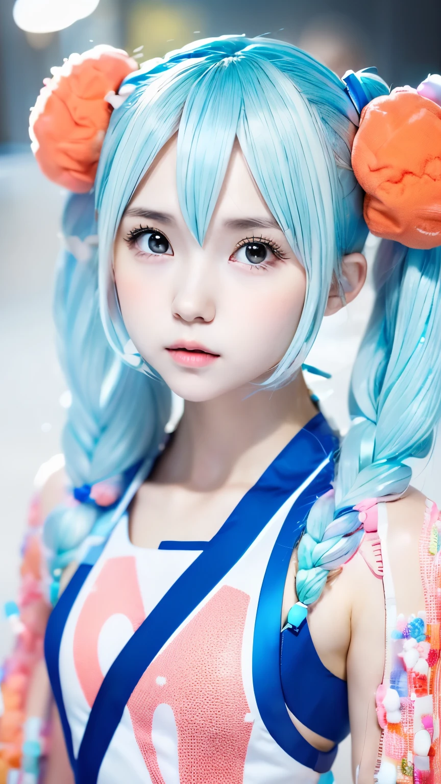 one girl、hatsune miku cosplay、anatomy、Correct depiction of the human body、Upper body angle、、１４talent、beautiful white skin、cute face、small nose、plump lips、small orange eyeeticulously drawn face、highly detailed skin、natural skin texture、Your fingers are clean and delicate.、small breasts、small breasts、An ennui look、detailed face、Dirty hair、Standing、Random attire、Random colored shirts、perfectly blurred background、