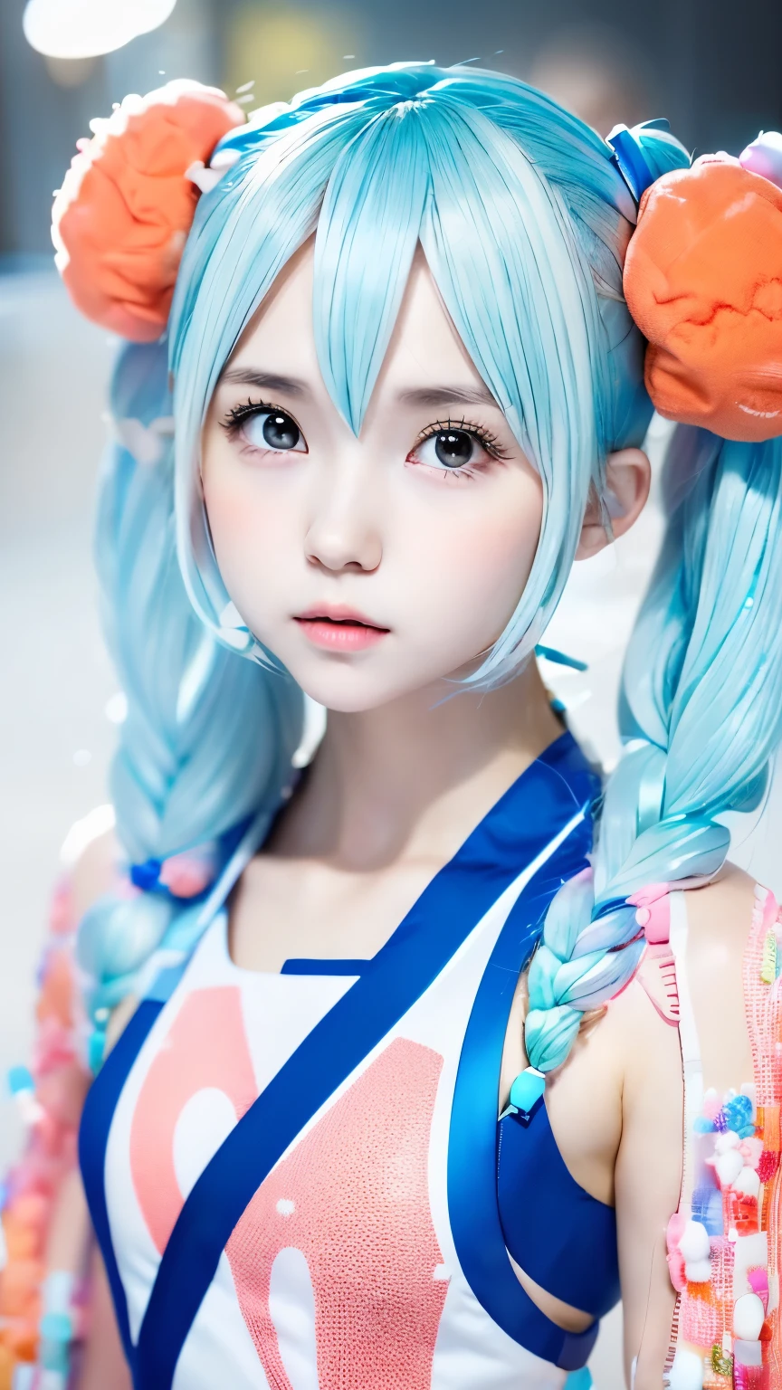 une fille、Hatsune Miku cosplay、anatomie、Représentation correcte du corps humain、Angle du haut du corps、、１４Talent、Belle peau blanche、visage mignon、petit nez、des lèvres charnues、petit visage orange aux yeux méticuleusement dessinés、peau très détaillée、texture naturelle de la peau、Vos doigts sont propres et délicats.、petits seins、petits seins、Un regard ennuyeux、visage détaillé、Cheveux sales、debout、Tenue aléatoire、Chemises de couleurs aléatoires、arrière-plan parfaitement flou、