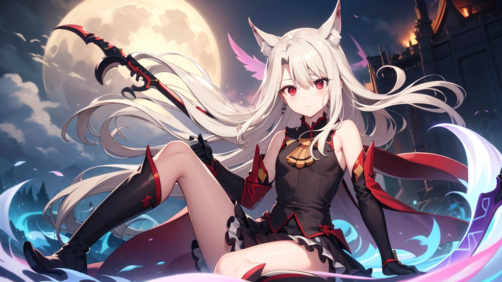 Illyasviel von Einzbern, blonde hair, hair between eyes, long hair, (red eyes:1.5),cool girl boots, Detached sleeves, black gloves，black skirt，(beautiful and delicate eyes)，Magic Scythe，Ender Wolf King，Xun Ying Chuan Xin，The wolf howling moon，Lord Wolf