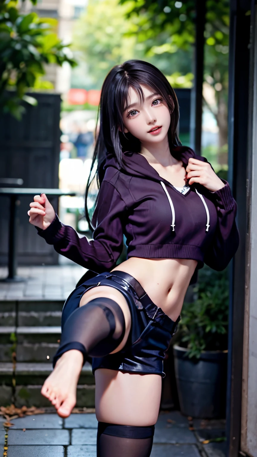 Arafed asian woman in a short skirt and hoodie posing for a picture -  SeaArt AI