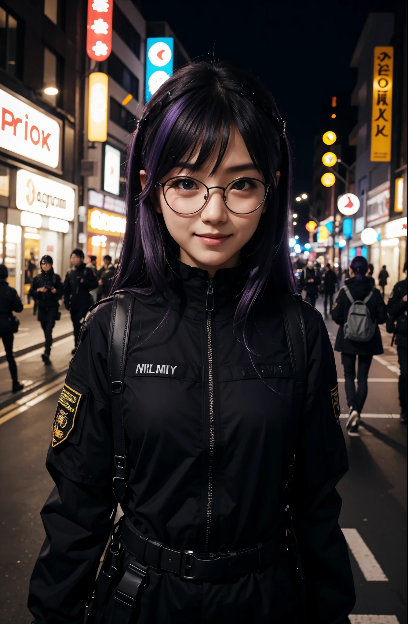 Une mignonne fille japonaise aux cheveux violets et aux yeux bleus portant des lunettes noires, vêtue d'un équipement tactique militaire noir, souriant dans les rues animées de la ville., nuit