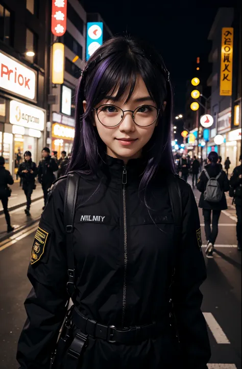 One cute japanese girl with purple hair and blue eyes with black glasses wearing black military tactical gear outside the city b...