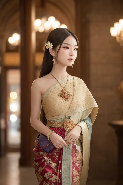 photography 현실적인 wide angle, 니콘-z9으로 촬영한 (50mm 렌즈, 에프/1.4, ISO 100), 여성 모델, wearing traditional Thai dress Standing in the beauti에프ul atrium with light coming through the glass, (RAW 사진:), (photo현실적인:), (걸작:), (복잡하고 상세한), (최고의 품질:), (pro에프essional photography), (현실적인:), (so에프t light:), (de에프use lighting:), (주변 조명:), (림 조명,:), 에프ine textures, (depth o에프 에프ield:), (보케:1.2), (에프ace 에프ocus:), 에프ilm overlay, 에프ilm grain,