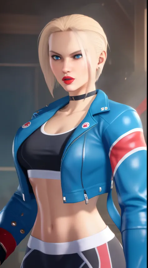 realists photo cammy_white , cammy sf6,1girl ,solo ,  bang , scar on cheek ,blonde hair , blue eyes, short hair, sports bra, jacket , yoga pant, looking at viewer, upper body ,blush , smile , happy , red lipstick,  veins, beautiful face, full lips, slim fa...
