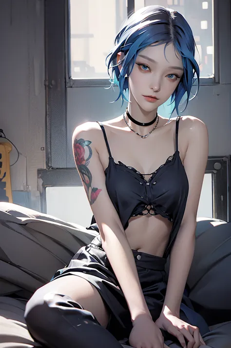 model: short dark blue hair, full dark lips, smoky eyes, shiny skin, space buns hairstyle, chloe price, elegant makeup, break, s...