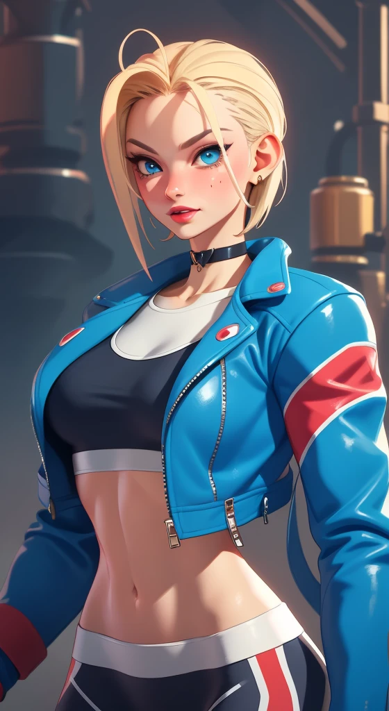 (((illustration))) portrait  cammy_white , cammy sf6,1girl ,solo ,  bang , scar on cheek ,blonde hair , blue eyes, short hair, sports bra, jacket , yoga pant, looking at viewer, upper body ,blush , smile , happy , red lipstick,  veins, beautiful face, full lips, slim face, high cheekbones, muscular, (((in vector style)))