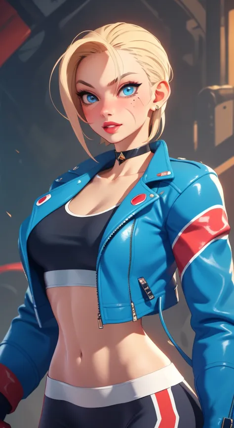 (((illustration))) portrait  cammy_white , cammy sf6,1girl ,solo ,  bang , scar on cheek ,blonde hair , blue eyes, short hair, s...