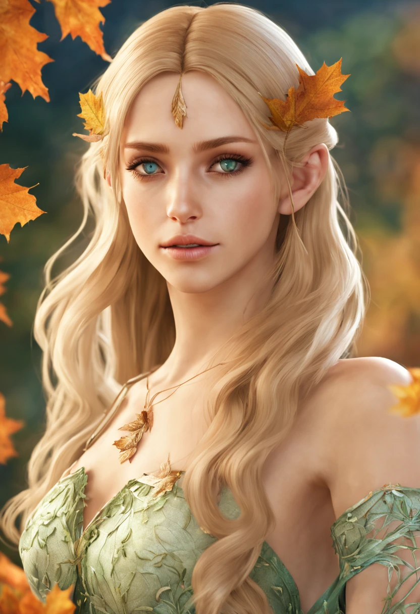 8k wallpaper,quality and character realistic, super photo realistic illustration,highres, ultla detailed,A beautiful elf girl with semi-long blonde hair, blue-green eyes, wearing a lace dress with a motif of autumn leaves, based on the color green