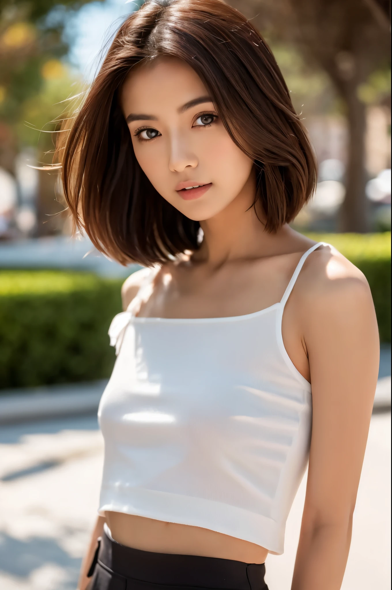 ((Best Quality, 8k, Masterpiece: 1.3)), Focus: 1.2, Perfect Body Beauty: 1.4, Buttocks: 1.2, ((Layered Haircut)), (Casual Clothes: 1.1), (Street:1.3), (Small Breasts: 1.2), Bare Shoulders, Highly Detailed Face and Skin Texture, Fine Eyes, Double Eyelids, Whitened Skin, Various Hair Style, (Bokeh Background: 1.5), Small Breasts, Extremely Thin Waist