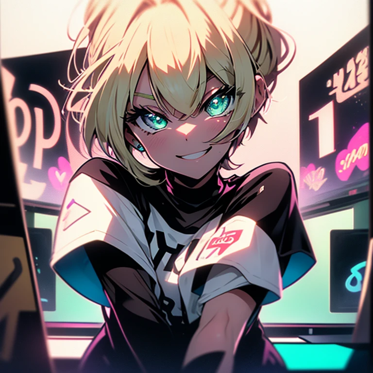 one girl、blonde、Emerald Eye、short bob、Enlarged depiction of upper body、table top、Super high resolution、no background, thin、smile and sign、Smile with your mouth wide open、cute smile、Detailed depiction of limbs、Large size white t-shirt、bright neon background