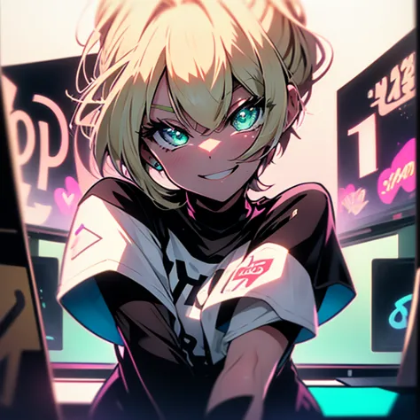 one girl、blonde、Emerald Eye、short bob、Enlarged depiction of upper body、table top、Super high resolution、no background, thin、smile...