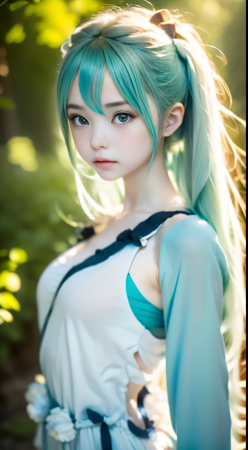 one girl、hatsune miku cosplay、anatomy、Correct depiction of the human body、Upper body angle、、１４talent、beautiful white skin、cute face、small nose、plump lips、small orange eyeeticulously drawn face、highly detailed skin、natural skin texture、Your fingers are clean and delicate.、small breasts、small breasts、An ennui look、detailed face、Dirty hair、Standing、Random attire、Random colored shirts、perfectly blurred background