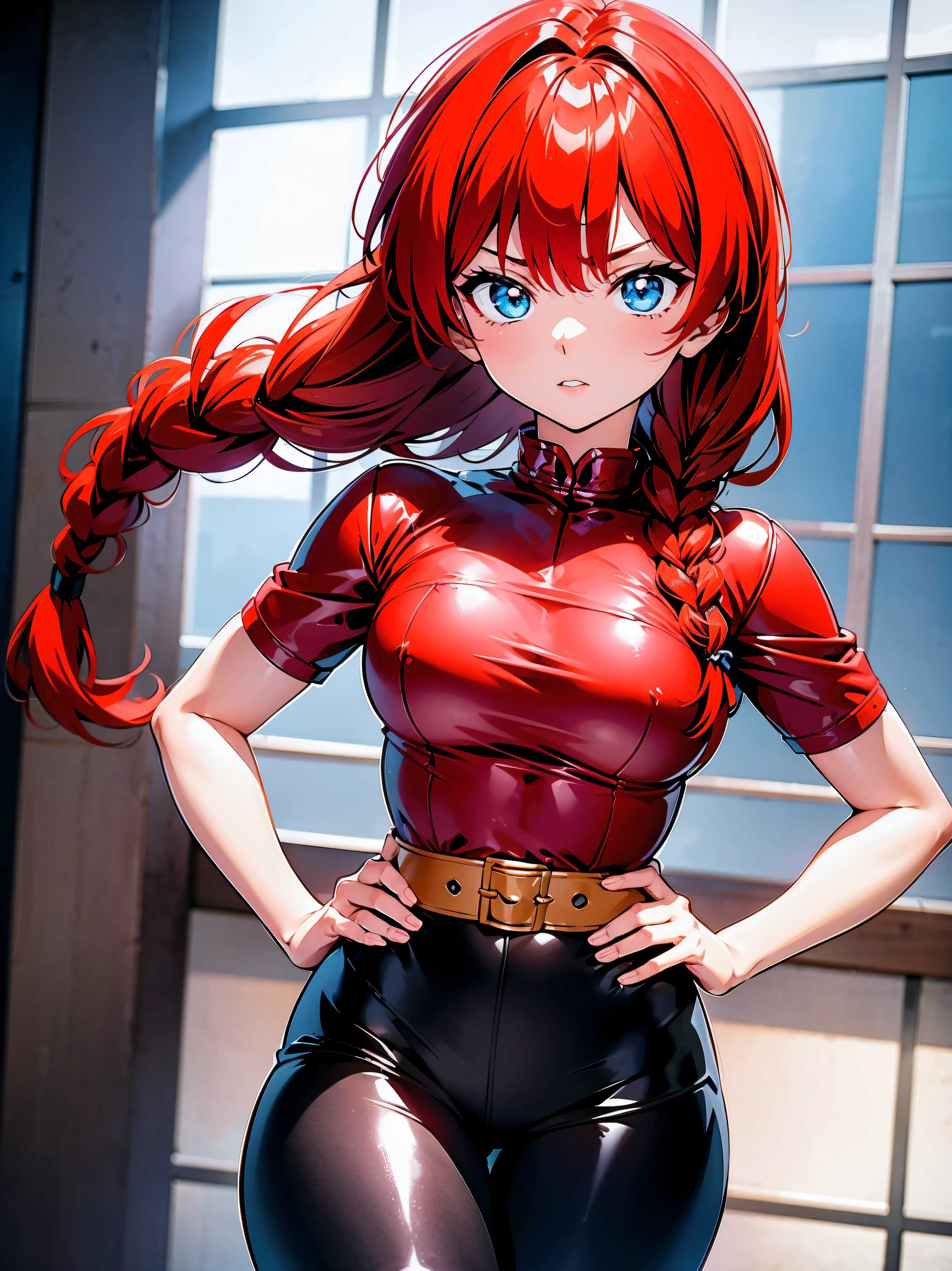 Chica anime pelirroja con top de látex rosa y pantalones de cuero negros, 16 años, cuerpo bonito, senos grandes, con una mano en tu cintura y la otra en tus labios, una mano en la cadera y la otra mano con un dedo en los labios, red pelo con trenza, hermosa iluminación, susve sombras, ojos azules, bonitas piernas, pelo con trenza, estilo anime, Ranma Chan, Autora Rumiko Takahashi, Basado en una obra de Rumiko Takahashi, Anime Ranma 1/2, senos grandes, decoración sexy, cadera robusta, cuerpo entero, cuerpo entero, hermosos pechos, chica joven con cuerpo hermoso y hermoso, sombreado suave, ropa china sexy