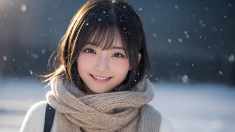 (one girl、she has a gift box in her hand、she has a shy smile、hair blowing in the wind.。 :1.3)、(クリスマスilluminationのある雪に覆われた冬の夜の街角:...