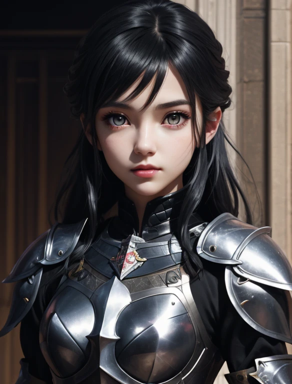 a close up of a woman in armor, knight - girl, perfect knight girl, cute knight girl, knight girl, female knight anime girl, beutiful girl knight, perfect anime knight woman, knight anime girl, girl in Black armor, jet black haired knight girl, beautiful white girl knight, knight anime girl, knight villain