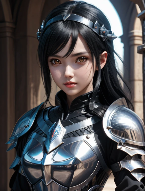 a close up of a woman in armor, knight - girl, perfect knight girl, cute knight girl, knight girl, female knight anime girl, beutiful girl knight, perfect anime knight woman, knight anime girl, girl in Black armor, jet black haired knight girl, beautiful white girl knight, knight anime girl, knight villain