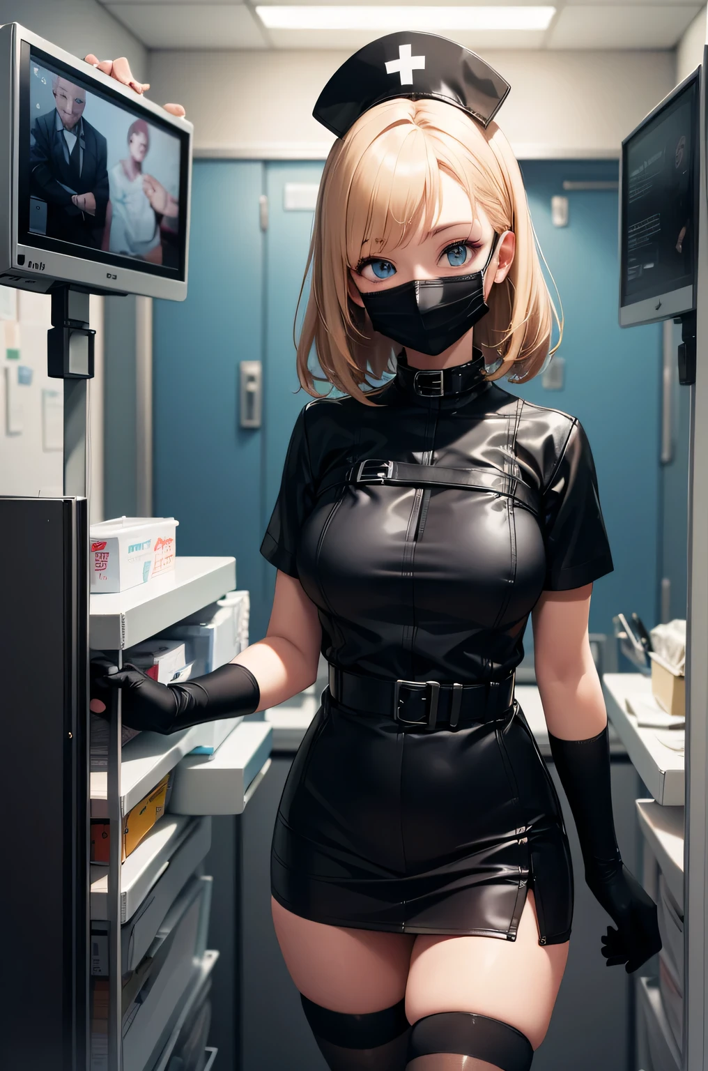 black nurse, 1 female, alone, black nurse cap, Black Wear, ((black legwear, zettai ryouiki)), black elbow gloves, blonde hair, blue eyes, ((Black surgical mask, Covered nose)), Are standing, ((operating room)), sharp outline, short sleeve, mature woman, 35 years old, highest quality, masterpiece