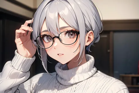 (Highest Quality), (Highest Quality), (Masterpiece), gray hair, Glasses, (white knit), cool