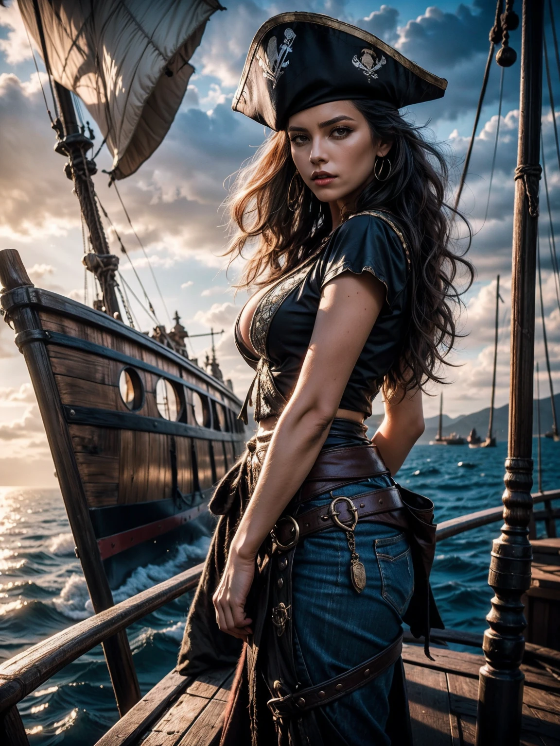 A women in pirate costume, beautiful women, black hair, long hair, wavy hair, wearing pirate hat, medium breast, standing on pirate ship, dark sea background, cloudy sky, 8k, sharp focus, sharp image, high resolution, High quality, UHD, super detailed image
