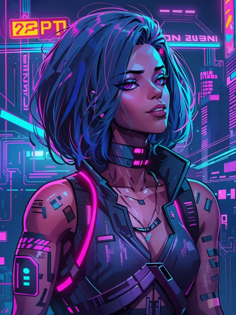 a digital painting of a woman with blue hair, cyberpunk art by josan gonzalez, behance contest winner, afrofuturism, synthwave, ...